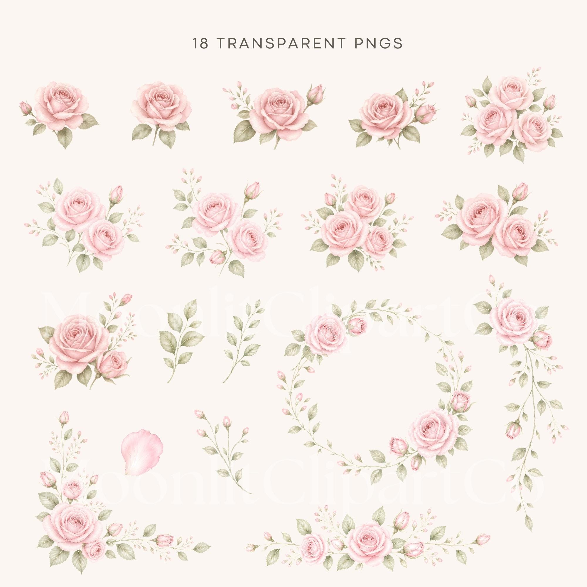 Shabby Chic Roses Clipart Pack, Blush Pink Vintage Floral PNG, Romantic ...