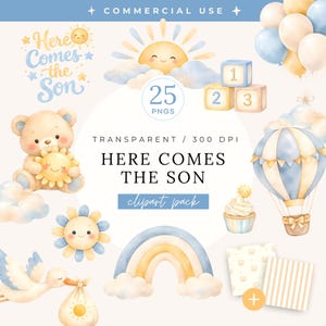 Here Comes The Son Clipart Pack, Watercolor Baby Boy Shower PNG Bundle, Cute Teddy Bear with Sun, Pastel Nursery Rainbow & Clouds