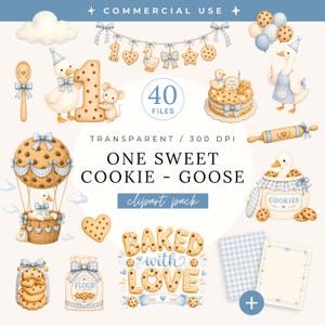 May include: A digital clipart collection featuring watercolor illustrations of geese, cookies, and blue gingham accents. Elements include a hot air balloon, a birthday cake, a cookie jar, and text reading ONE SWEET COOKIE - GOOSE and BAKED WITH LOVE.