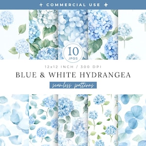Può includere: Una collezione di dieci motivi digitali senza cuciture con fiori di ortensia blu e bianchi. I disegni sono 12x12 pollici a 300 DPI, con il testo "BLUE & WHITE HYDRANGEA" e "seamless patterns".