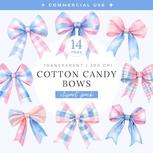 Pacote de clipart de laços de algodão doce, coquete rosa e azul de carnaval PNG, laço de fita aquarela, design de sublimação, pirulito doce