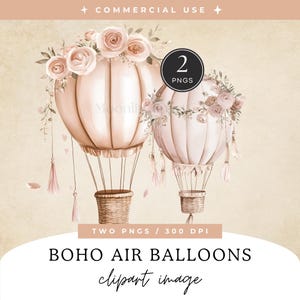 Boho Heißluftballons Clipart-Pack, Aquarell Hochzeitseinladung, Kinderzimmer Wand Kunst Dekor, Babyparty einladen, Botanisches Abenteuer PNG