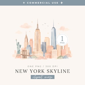 May include: Watercolor illustration of the New York City skyline, featuring iconic landmarks like the Statue of Liberty, the Empire State Building, and the One World Trade Center. The image includes the text "NEW YORK SKYLINE clipart image".