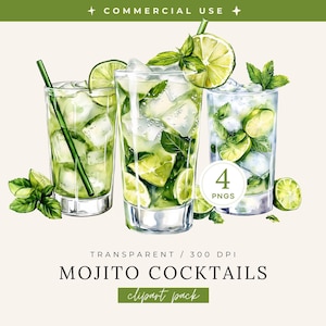 May include: Watercolour illustration of three mojito cocktails with lime slices, mint leaves, and ice cubes in tall glasses. The image includes the text "Mojito Cocktails Clipart Pack" and "Commercial Use".