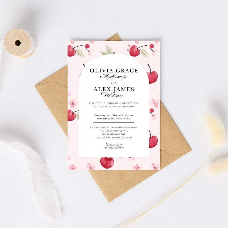 An example of how an invitation for a Wedding could look like, using our single seamless pattern: Cherry Coded. Our PNG of a cute minimalistic cherries background, is used on the invite.