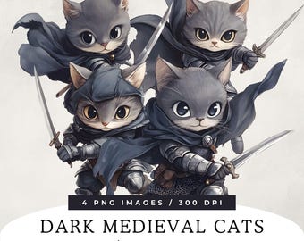 戦士猫のクリップアートパック、水彩画の中世の子猫、剣を持った騎士