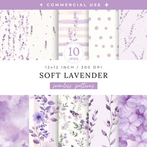 Paquete de patrones sin costuras de lavanda suave, papel digital floral de acuarela púrpura, flores pastel para guardería, fondos para baby shower, primavera romántica