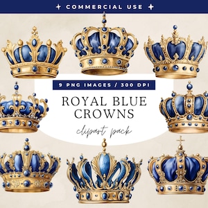 Royal Blue Crowns Clipart Pack, koning en koningin, majestueuze aquarelkunst, goud, prins, tiara's, prinses, transparante png-bestanden, commercieel gebruik