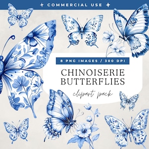 Chinoiserie vlinders clipartpakket, French Toil De Jouy, vintage blauwe aquarel bloemen, sublimatieontwerp, png-bestanden voor commercieel gebruik