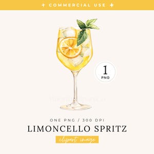 May include: A watercolour illustration of a Limoncello Spritz cocktail in a tall glass. The drink contains ice cubes, a lemon slice, and mint leaves. The image includes the text "Limoncello Spritz" and "clipart image".