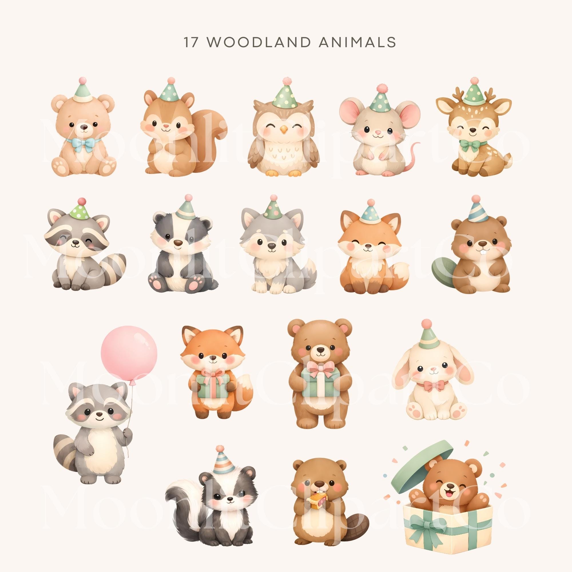 Woodland Birthday Animals Clipart Pack, Watercolor Forest Party PNG ...