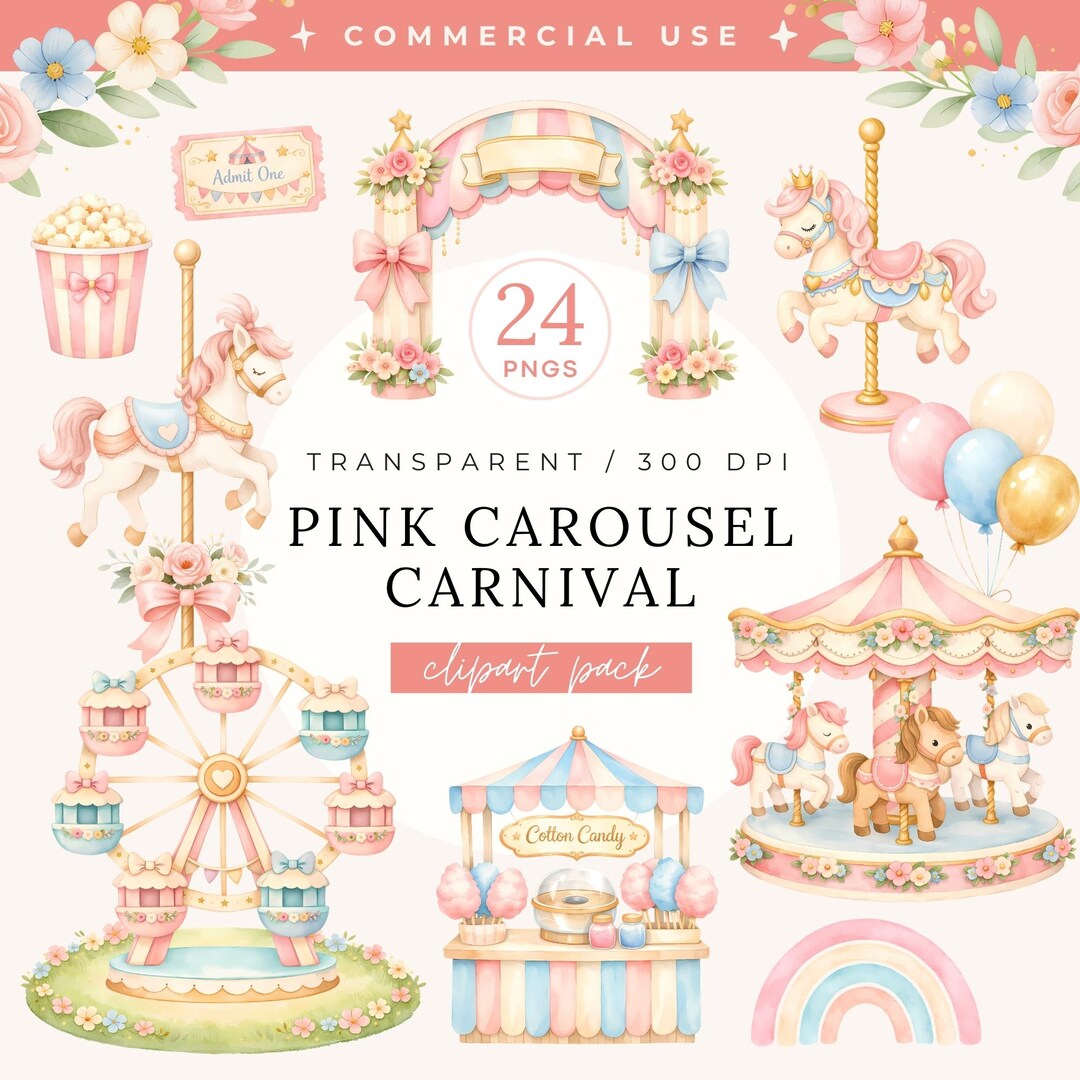 Pink Carousel Carnival Clipart Pack, Watercolor Pastel Amusement Park ...