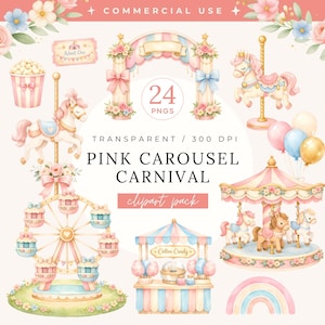 Può includere: Pacchetto di clipart ad acquerello con un tema carnevalesco a carosello rosa. Include illustrazioni di giostra, ruota panoramica, stand di zucchero filato e altri elementi carnevaleschi. Il testo recita "Pink Carousel Carnival clipart pack".