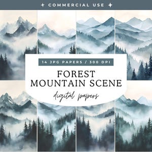 Mountain Forest Scene, Digital Papers, Watercolor Clip Art, Nature Landscapes, Wedding Invitation, Background Textures, Junk Journaling