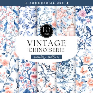 Patrón chinoiserie vintage sin costuras, flores toile de Jouy francesas en azul y rosa, patrones florales repetidos, papel de scrapbooking de acuarela