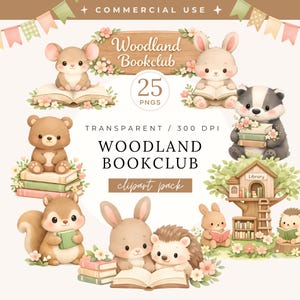 May include: Watercolor clipart pack featuring woodland animals reading books. Includes a mouse, rabbit, bear, squirrel, badger, hedgehog, and a treehouse library. The text reads "Woodland Bookclub" and "25 PNGS".