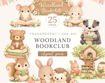 Woodland Bookclub Clipart Pack, Watercolor Reading Animals PNG, Cute Spring Forest Library, Book Lovers, A New Chapter Baby Shower