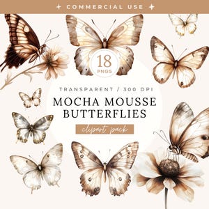 Mocha Mousse Butterfly Clipart Bundle, Watercolor Flowers Nature, Beige, Color Of The Year, Neutral Design, Insect Clipart, Scrapbook Images