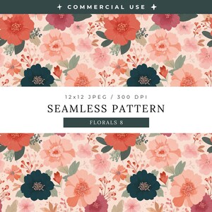 Peut inclure: Motif floral sans couture avec de grandes fleurs corail et pêche, des accents bleu canard et de petites fleurs roses sur fond crème. Le texte "SEAMLESS PATTERN" et "FLORALS 8" sont affichés.
