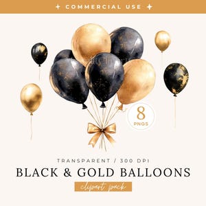 Black & Gold Balloons Clipart Pack, Watercolor Anniversary PNG, Birthday Celebration, Happy New Year 2026 Party Invitation, Wedding Invite