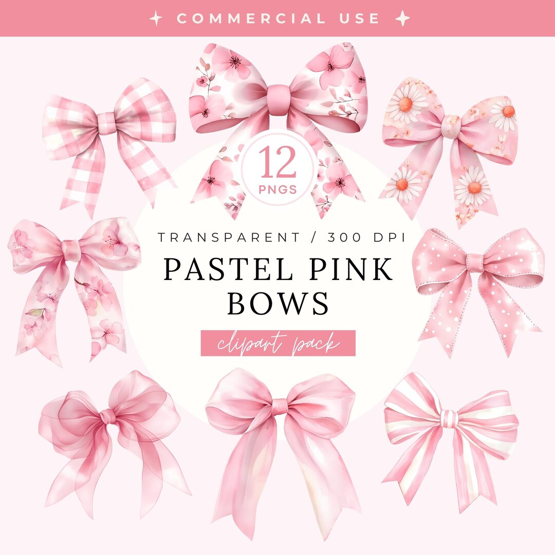 Pastel Pink Coquette Bows Clipart Pack, Soft Watercolor Feminine ...