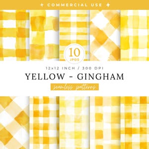 May include: A collection of ten yellow and white gingham seamless patterns. The patterns are in a watercolor style, with a variety of grid and plaid designs. The image includes the text "YELLOW - GINGHAM" and "seamless patterns". Each pattern is 12x12 inches.