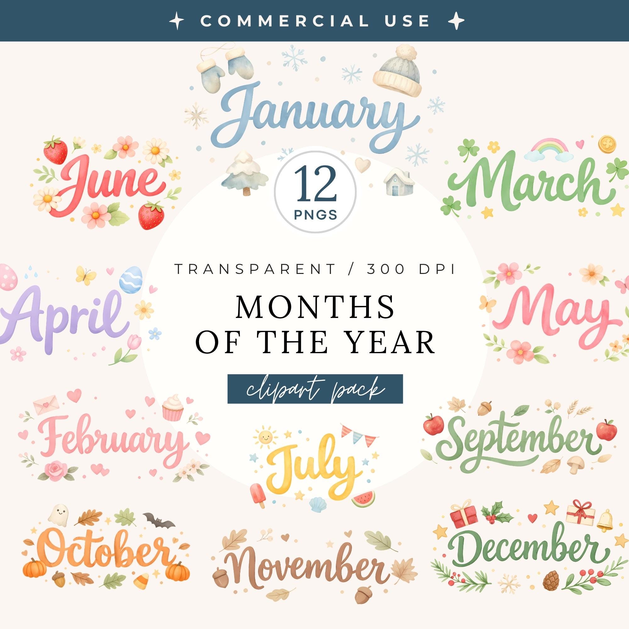 Months of the Year Clipart Pack, Watercolor Monthly Names PNG, Cute ...