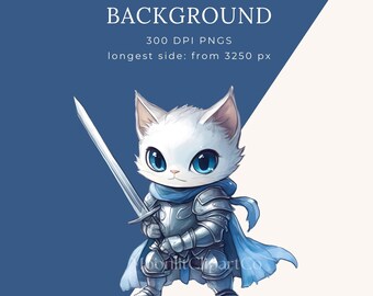戦士猫のクリップアートパック、水彩画の中世の子猫、剣を持った騎士