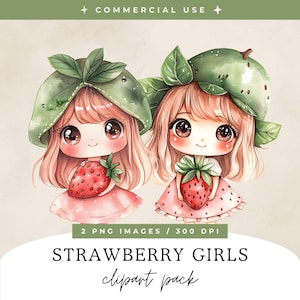 Strawberry Girls Clipart, Kawaii Fruit Girls, Chibi Watercolor PNG, Cute Digital Art, Red Berry Clip Art, Commercial Use, Instant Download