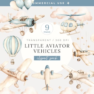 Little Aviator Vehicles Clipart Pack, Watercolor Blue Airplane PNG, Beige Nursery Clouds & Stars, Flying Plane, Boho Vintage Sky Transport