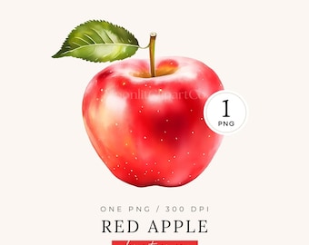 May include: A watercolor illustration of a red apple with a green leaf and stem. The image includes the text "RED APPLE clipart image" and a "1 PNG" graphic. The image is labeled "COMMERCIAL USE".