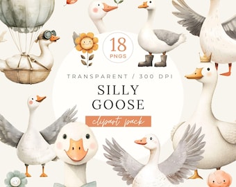 Silly Goose Clipart Bundle, Watercolor Funny Geese PNG, Cute Animals for Baby Shower, Whimsical Birthday Party Invitation, Commercial Use