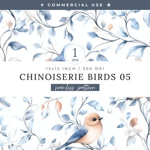 Chinoiserie Birds Single Seamless Pattern, Watercolor Soft Peach and Blue Toile de Jouy, Shabby Chic Floral JPG, French Repeating Wallpaper