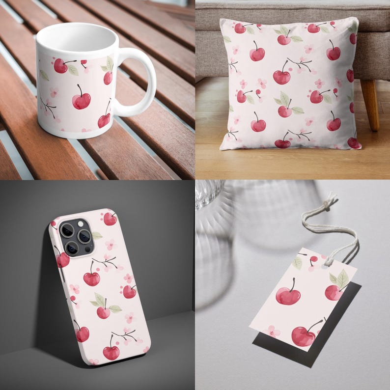 Product examples of what you can do with the Seamless Pattern pack: Cherry Coded. It shows the pattern on a mug, pillow, phone cover and clothing tag.