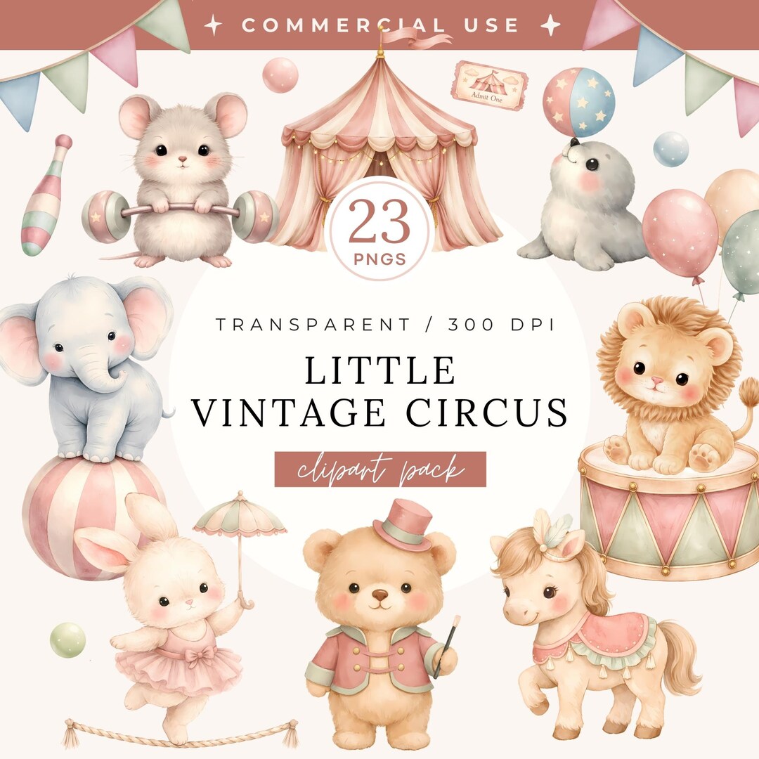Little Vintage Circus Clipart Pack, Watercolor Baby Carnival Animals ...