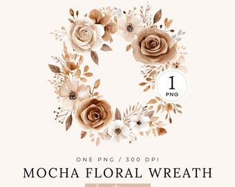 Mocha Mousse Flowers Clipart | SINGLE IMAGE | Watercolor Floral Wreath, 2025 Color Of Year, Autumn Roses Frame, Boho Wedding Decoration