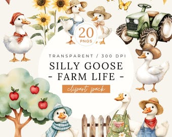 Silly Goose Clipart Bundle, Cute Farm Life, Watercolor Funny Goose PNG, Animals for Baby Shower, Whimsical Birthday Party Invitation
