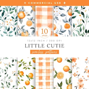Può includere: Una collezione di motivi senza cuciture ad acquerello con arance, foglie ed elementi floreali. I motivi includono quadretti arancioni, fette di arancia e disegni botanici. Il testo recita "LITTLE CUTIE seamless patterns" e "12x12 inch / 300 DPI".