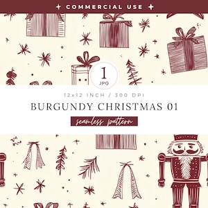 May include: A seamless pattern design featuring burgundy-colored Christmas-themed illustrations on a cream background. The design includes gift boxes, stars, Christmas trees, and nutcrackers. The text "BURGUNDY CHRISTMAS 01" and "seamless pattern" are also present.