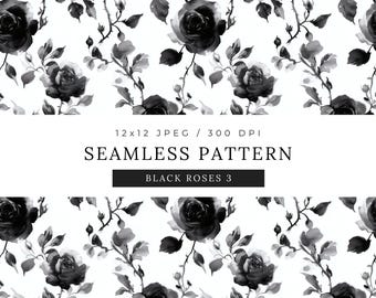Black Roses Single Seamless Pattern, Watercolor Luxury Botanical Background JPG, Gothic Flowers Scrapbooking, Dark Gothic Repeated Pattern