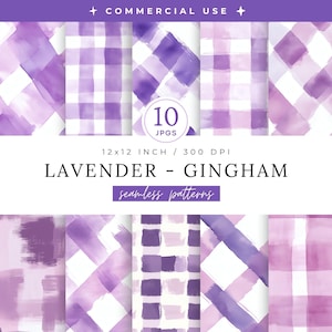 May include: A set of ten lavender and white gingham seamless patterns. The patterns are 30.48 x 30.48 cm at 300 DPI. The image includes the text "Lavender - Gingham" and "seamless patterns". The top of the image says "Commercial Use".