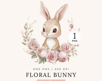 Cute Floral Bunny Clipart | SINGLE IMAGE | Watercolor Easter Bunny, Woodland Animal, Nursery Baby Shower Design, Rabbit Flower Wreath