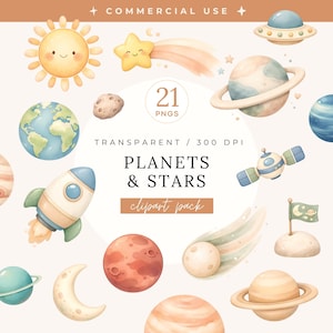 Könnte beinhalten: Aquarell-Cliparts mit Planeten, Sternen und Weltraumelementen. Enthält eine lächelnde Sonne, einen Sternschnuppen, eine Rakete und verschiedene Planeten. Der Text lautet "PLANETS & STARS clipart pack".