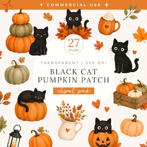 Könnte beinhalten: Eine digitale Clipart-Sammlung mit Aquarellillustrationen von schwarzen Katzen, orangefarbenen und grünen Kürbissen, Herbstblättern, einem kürbisförmigen Becher, einer Holzkiste und einer Laterne mit dem Text COMMERCIAL USE 27 FILES BLACK CAT PUMPKIN PATCH.
