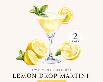 Imágenes prediseñadas de Martini con gotas de limón / IMAGEN ÚNICA / Cóctel de autor en acuarela, bar de bebidas de verano, invitación a fiesta de cumpleaños, descarga digital
