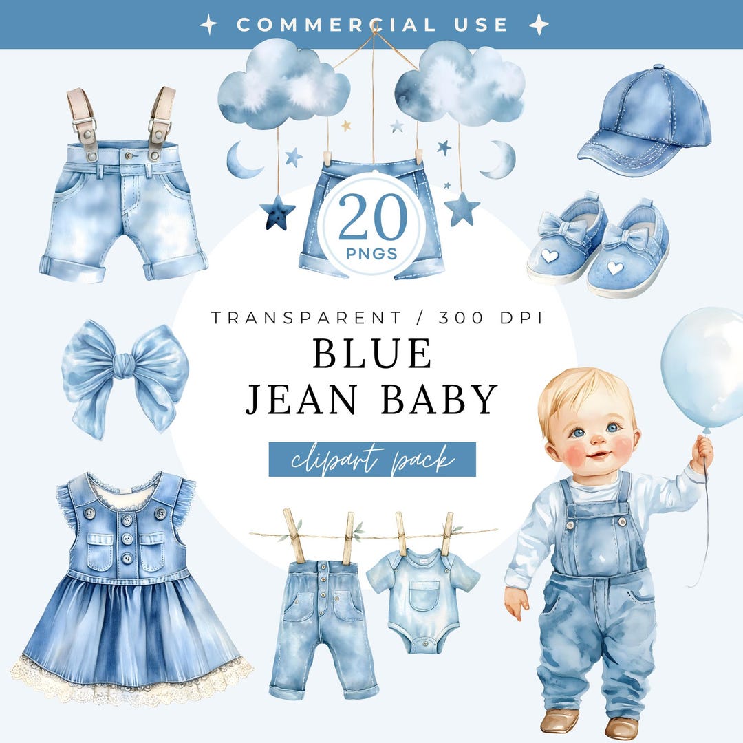 Blue Jean Baby Clipart Pack, Denim Baby Clothes Line, Watercolor Jeans ...