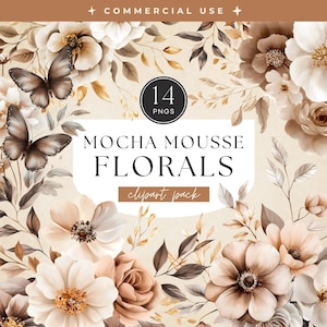 Mocha Mousse Florals Clipart Set, Watercolor Flowers Wreath Clip Art, Floral Frame, Boho Autumn, Wedding Botanical, Neutral Bouquets PNGs