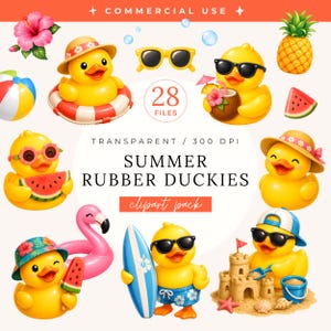 May include: A digital clipart collection featuring 28 summer-themed rubber duckies with accessories like sunglasses, hats, surfboards, and beach toys. The set includes tropical elements like a hibiscus flower, pineapple, and watermelon slice.