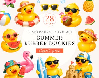 Summer Rubber Duckies Clipart Pack, Tropical Beach Ducks, Cute Vacation PNG, Pool Party Flamingo Float, Watermelon and Cool Sunglasses