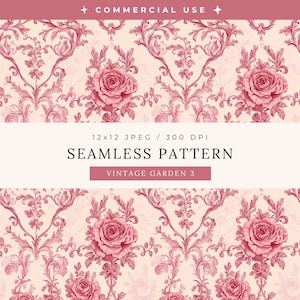 May include: A seamless pattern featuring a vintage floral design with large pink roses and ornate leaf and vine accents on a cream background. The text "SEAMLESS PATTERN" and "VINTAGE GARDEN 3" are displayed. The image is labeled "COMMERCIAL USE".